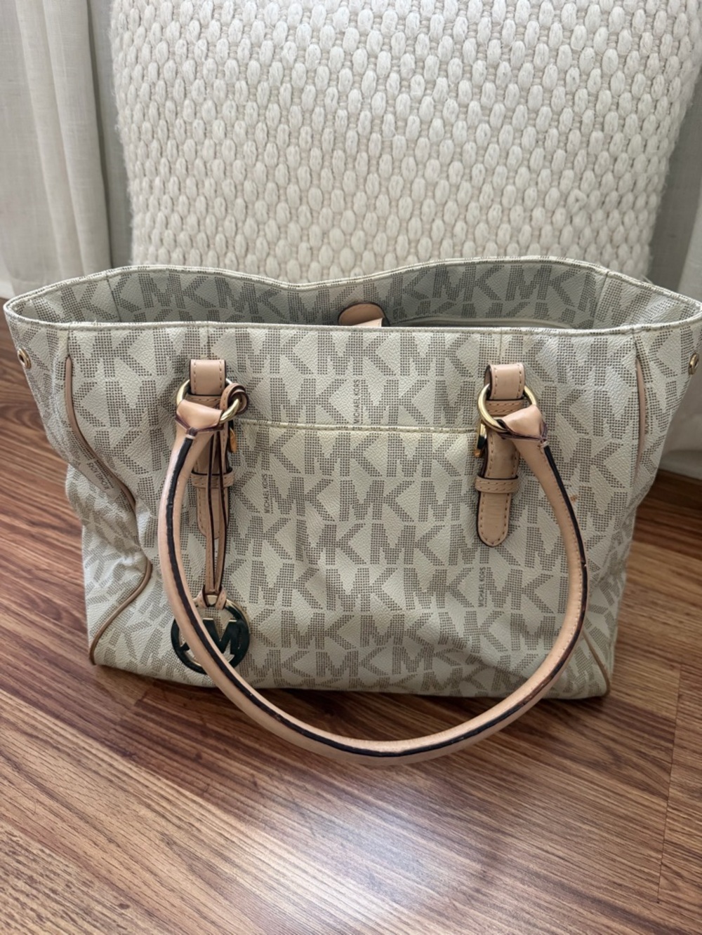 Michael Kors Cream MK Signature Tote with Tan Leather Trim